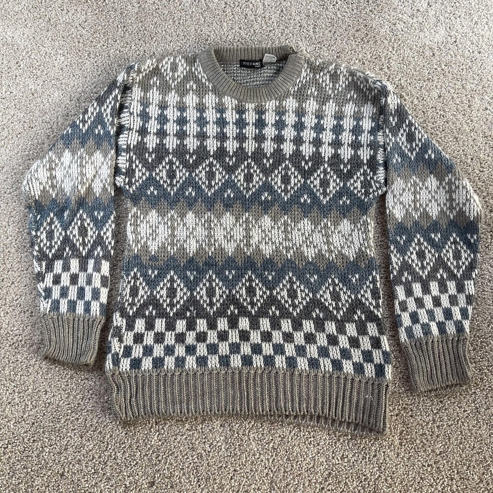 Vintage Stefano Man Sweater Mens Medium Gray Fair Isle Knit Crewneck Pullover
